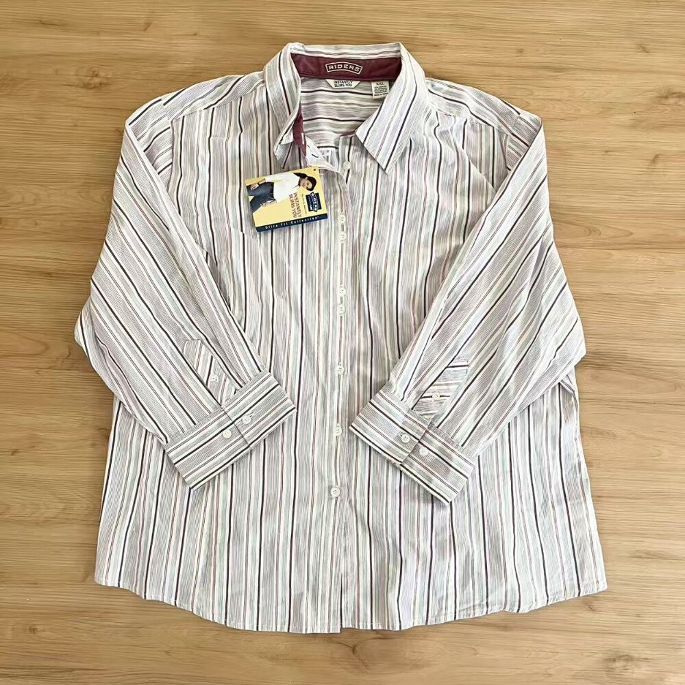 Riders By Lee White and brown striped button-up shirt #Women XXL